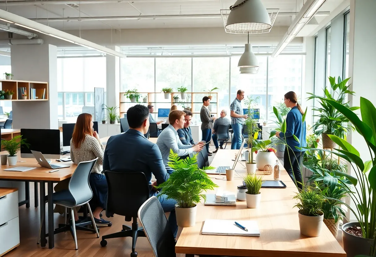 Employees collaborating in a modern office space at AVTECH Software.