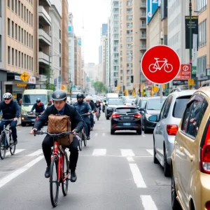 Bicyclist navigating urban road