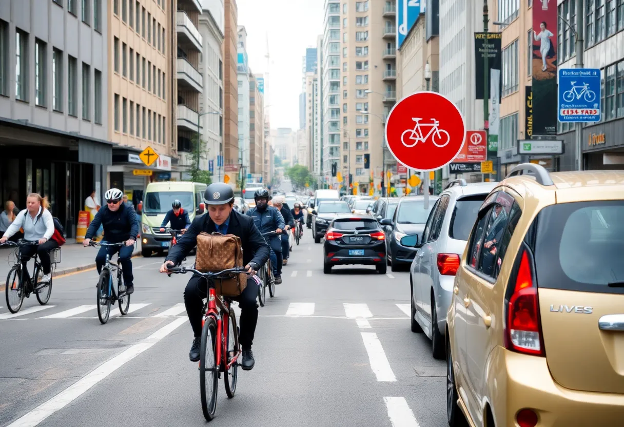 Bicyclist navigating urban road