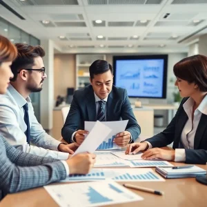 Corporate office setting with financial documents
