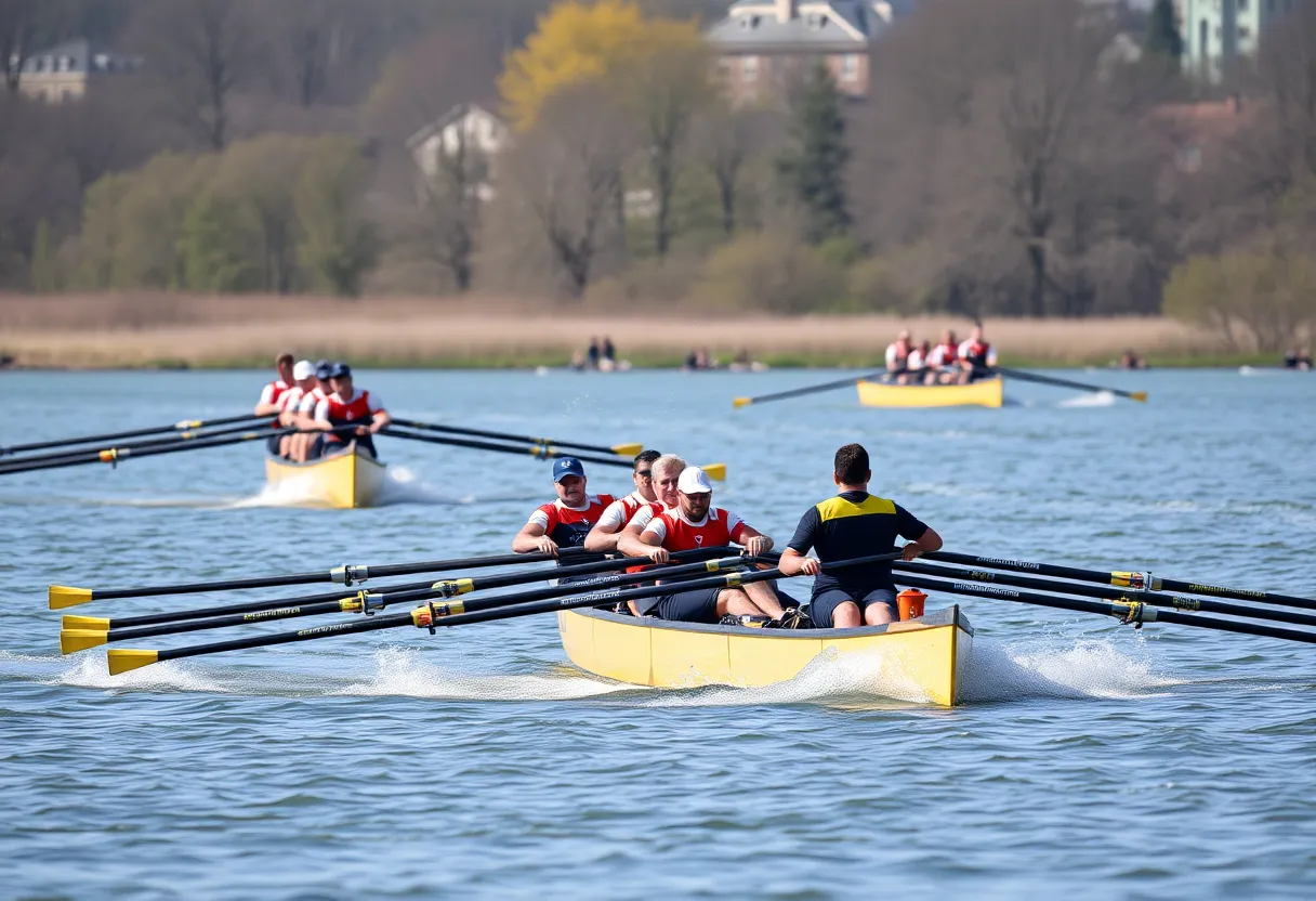 Brown University crew team racing in a spring regatta.