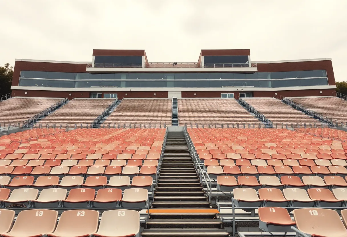 Depiction of a university stadium with empty stands representing Brown University's men's sports challenges.