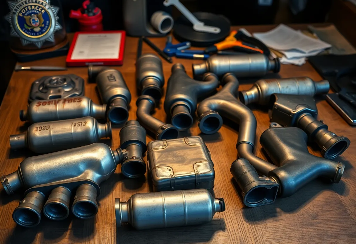 Stolen catalytic converters and tools related to a theft investigation.