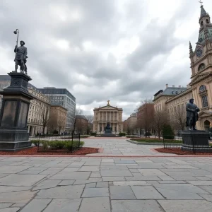 Deteriorating Cathedral Square in Providence with cracked pavement and neglected sculptures.