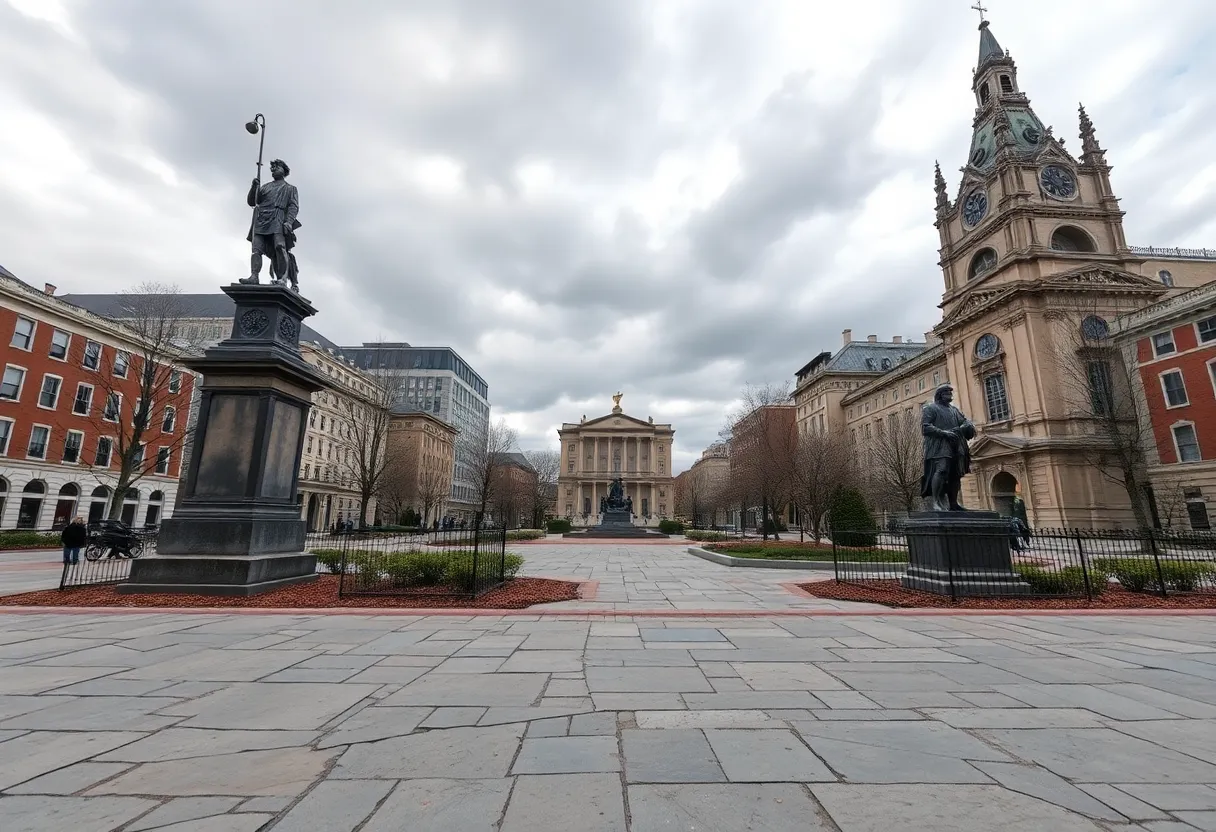 Deteriorating Cathedral Square in Providence with cracked pavement and neglected sculptures.