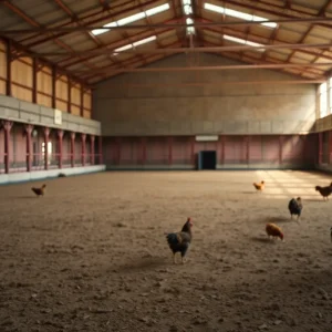 Empty cockfighting arena highlighting animal cruelty issues.