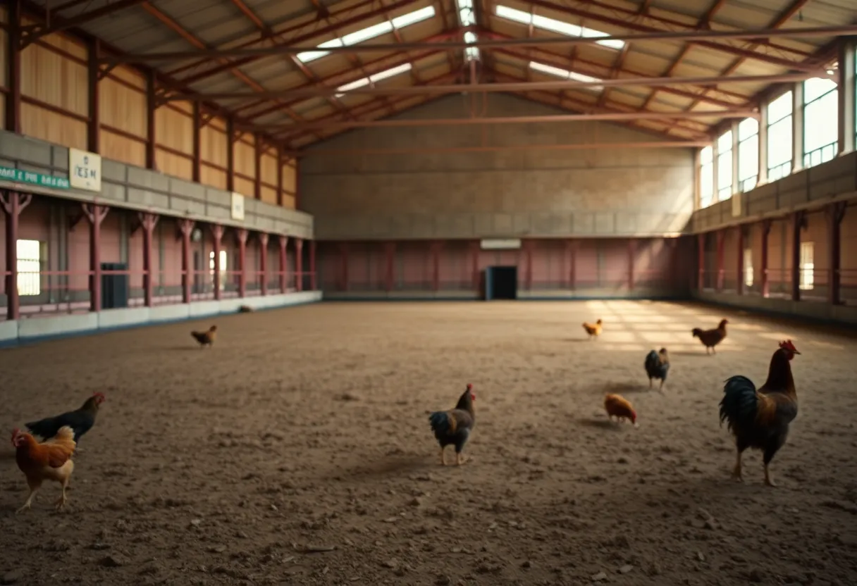 Empty cockfighting arena highlighting animal cruelty issues.