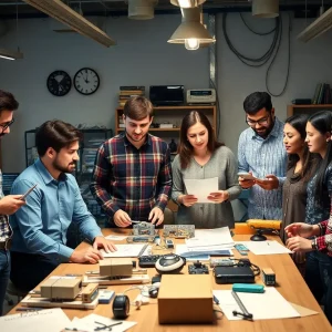 Group of entrepreneurs collaborating in an office setting, with patent documents and inventions visible.