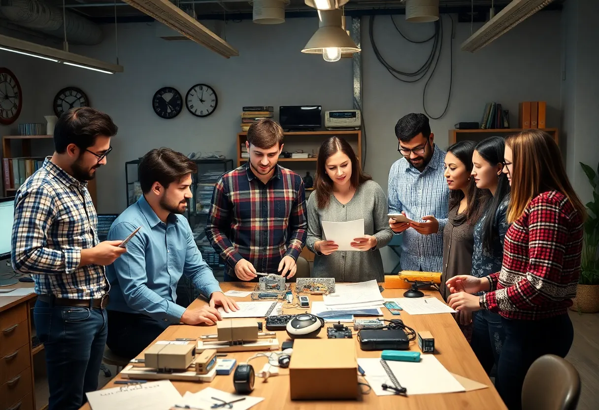 Group of entrepreneurs collaborating in an office setting, with patent documents and inventions visible.