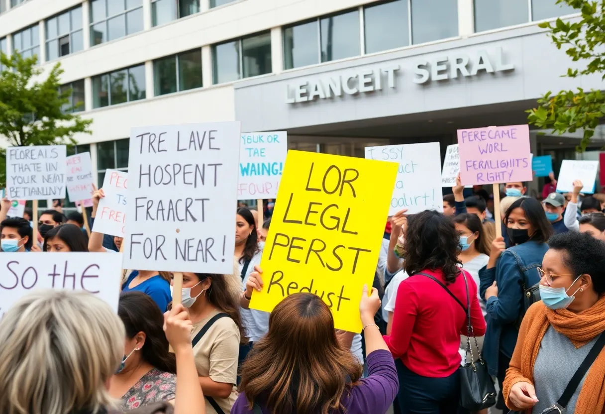Crowd of protesters outside Rhode Island Hospital.