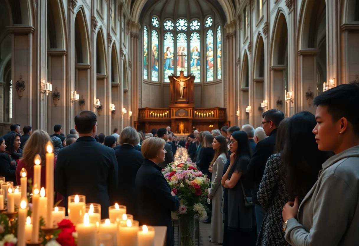 People gathered in a cathedral for a memorial Mass for Pope Francis