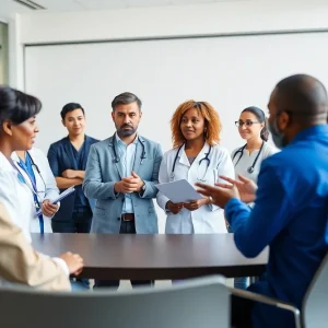 Healthcare professionals discussing public health initiatives