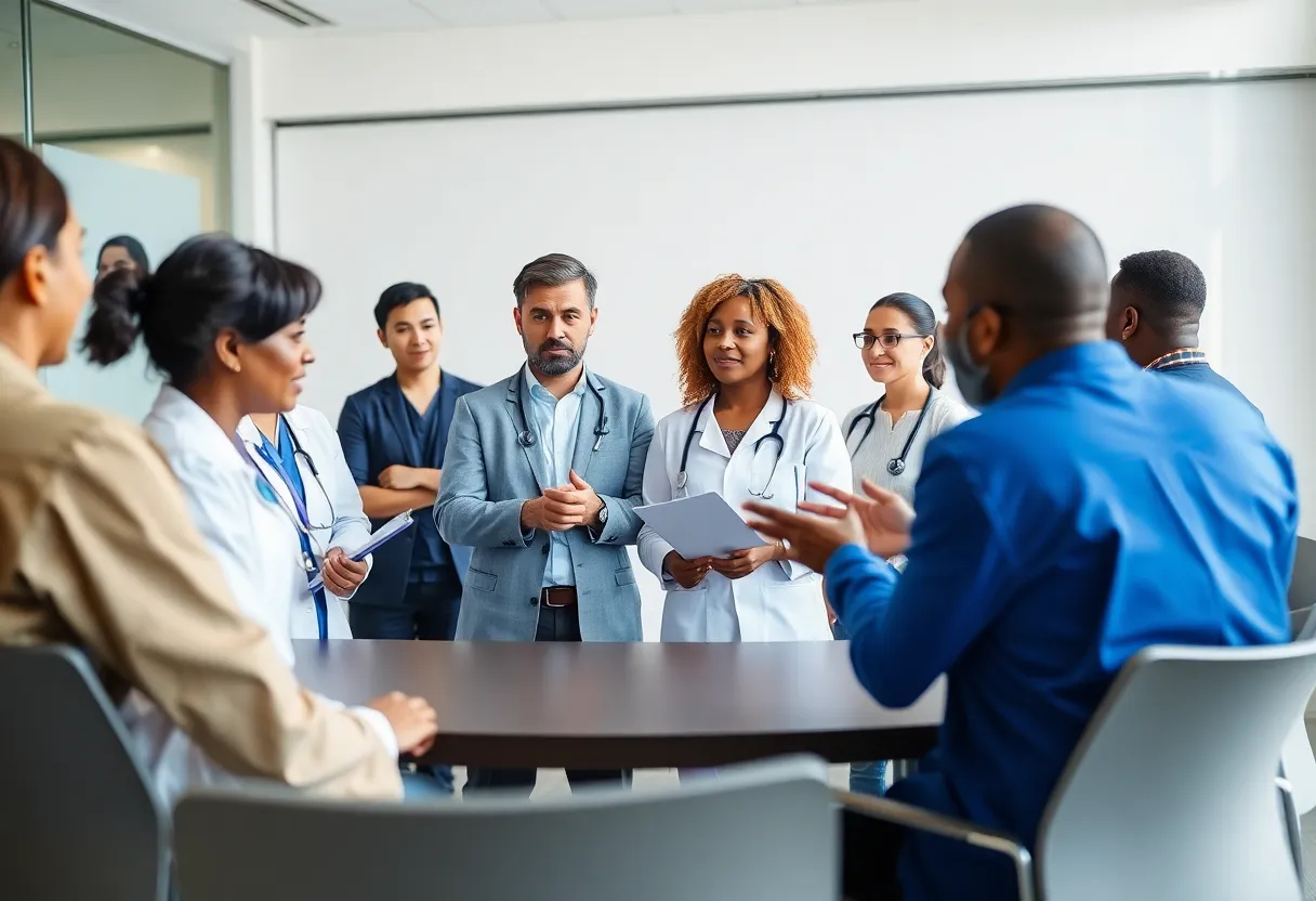 Healthcare professionals discussing public health initiatives