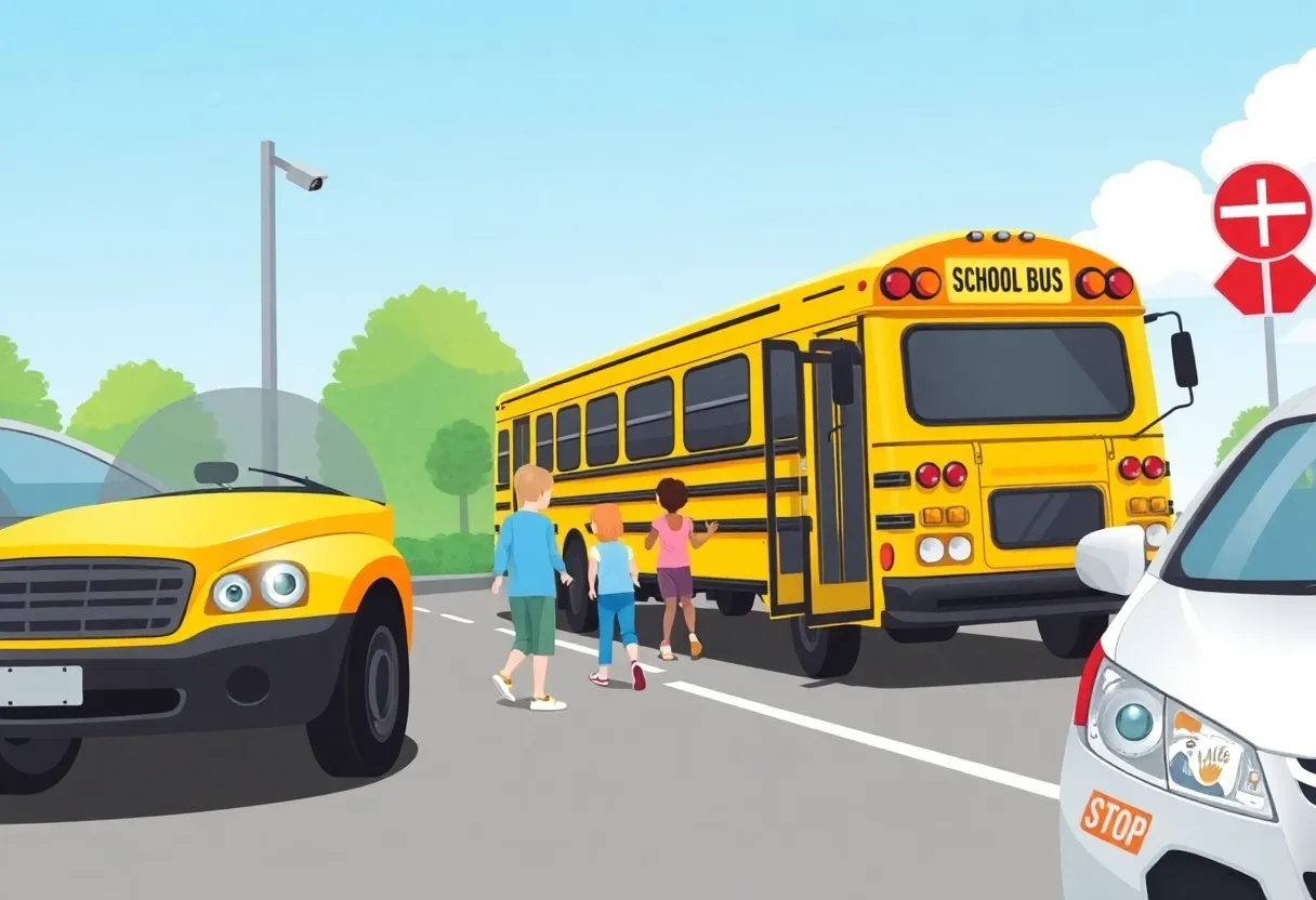 Illustration of a school bus with AI cameras ensuring children's safety during pick-up