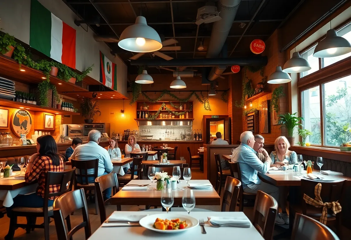 Interior view of Pat's Italian restaurant showcasing dining area and Italian themed decorations