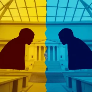 Abstract depiction of political tension within the Rhode Island Senate