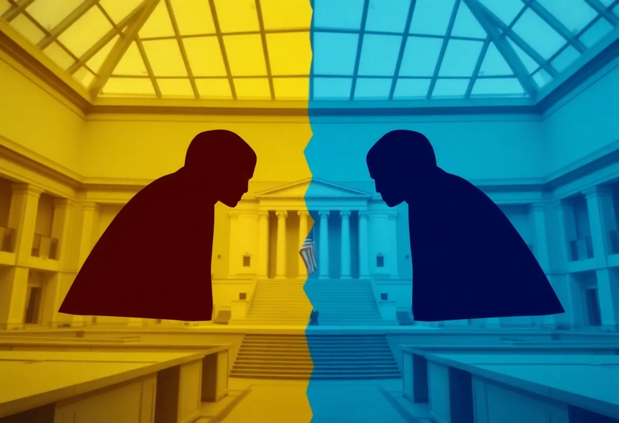 Abstract depiction of political tension within the Rhode Island Senate