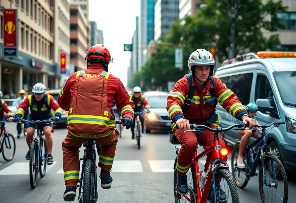 Providence Firefighters on bicycles delivering medical services