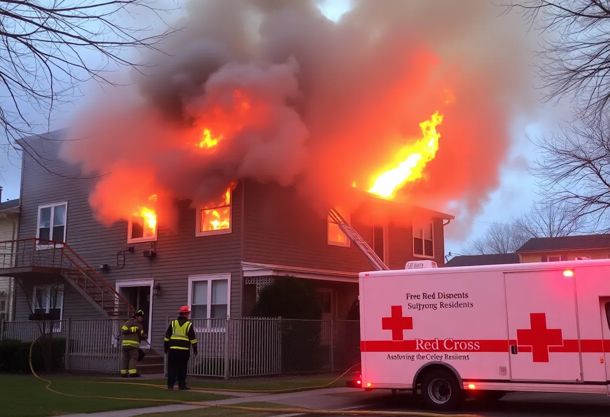 Firefighters responding to a fire in a residential area