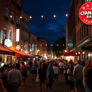 Vibrant nightlife atmosphere in Providence with lively crowds and illuminated streets.