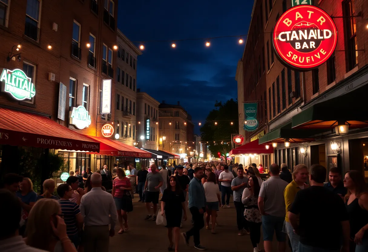 Vibrant nightlife atmosphere in Providence with lively crowds and illuminated streets.