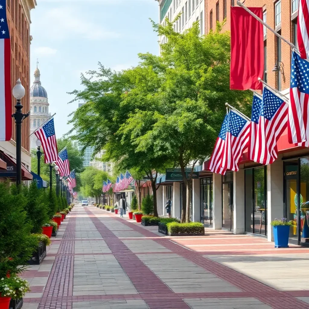 Patriotic sidewalks in Providence decorated with red, white, and blue colors for Memorial Day.