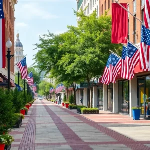 Patriotic sidewalks in Providence decorated with red, white, and blue colors for Memorial Day.