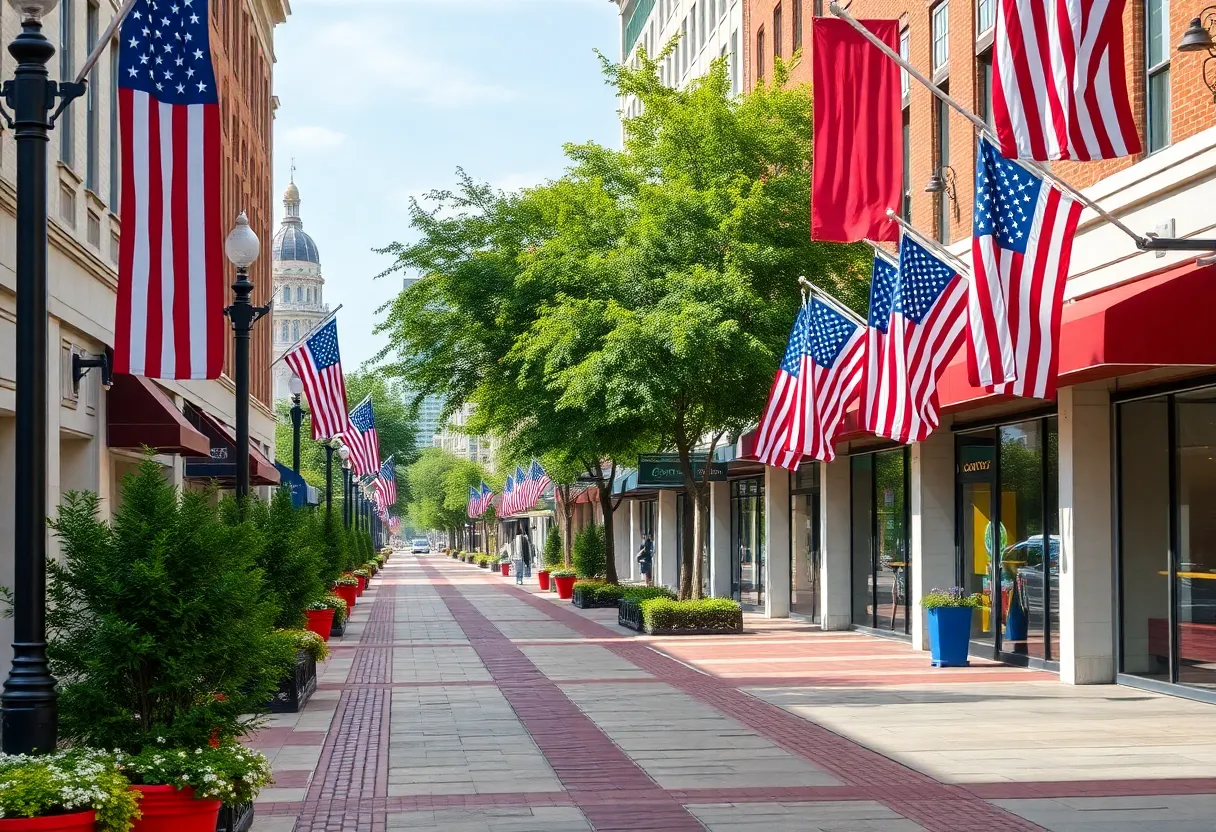 Patriotic sidewalks in Providence decorated with red, white, and blue colors for Memorial Day.