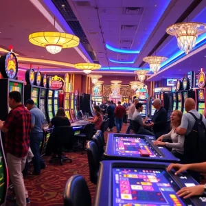 A lively casino floor with players at slot machines and table games in Rhode Island.