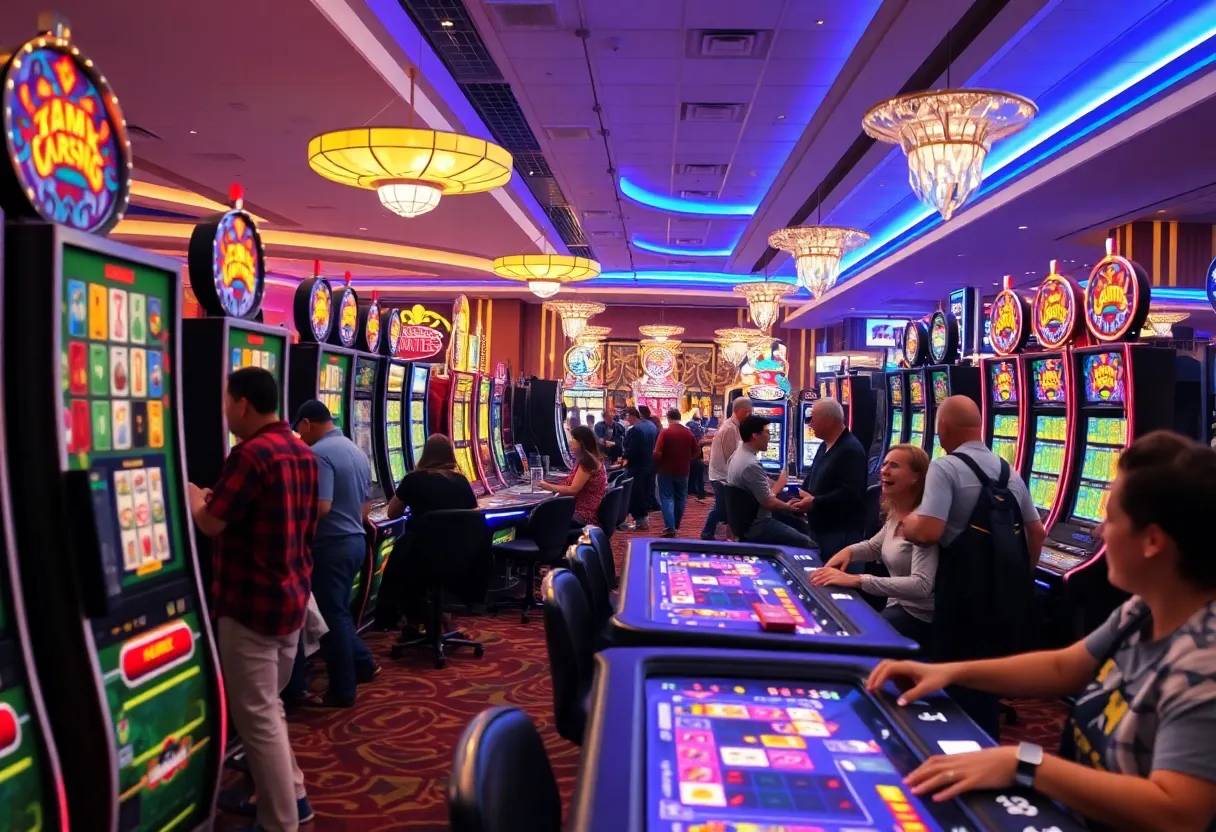 A lively casino floor with players at slot machines and table games in Rhode Island.