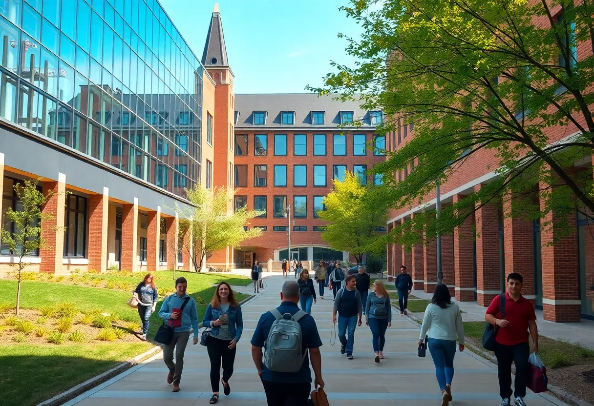 Students walking outside Rhode Island College campus.