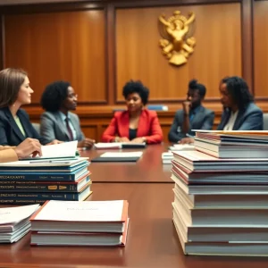 Courtroom scene with attorneys discussing education law