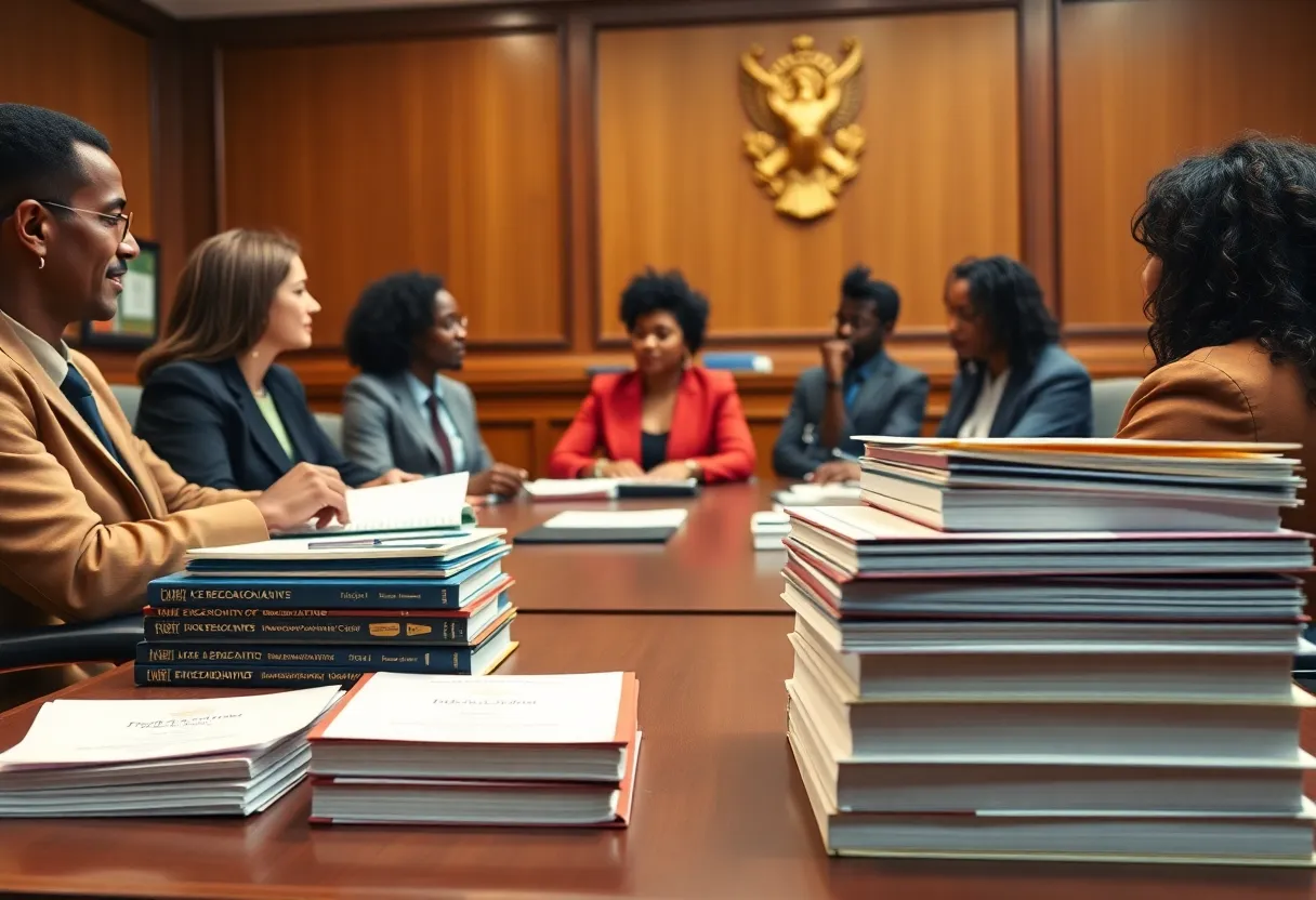 Courtroom scene with attorneys discussing education law