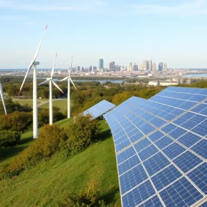 Wind turbines and solar panels representing renewable energy sources in Rhode Island.