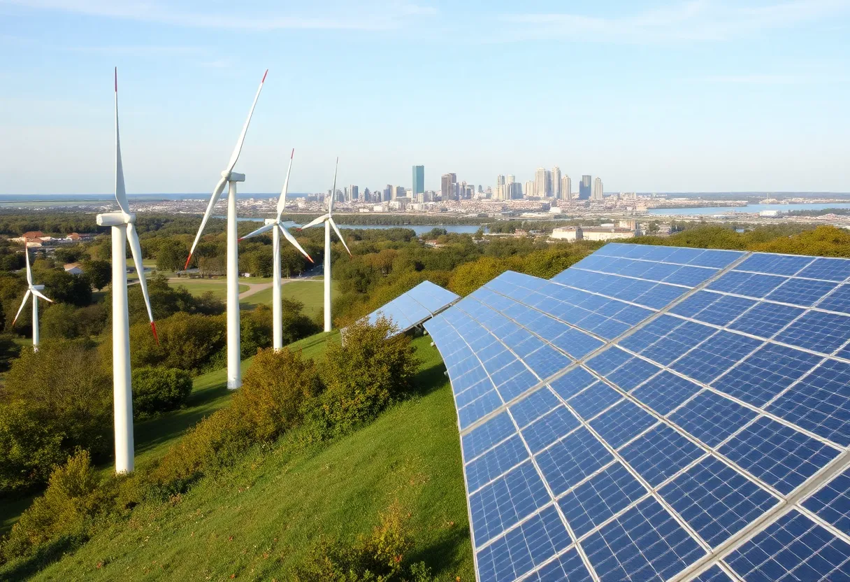 Wind turbines and solar panels representing renewable energy sources in Rhode Island.