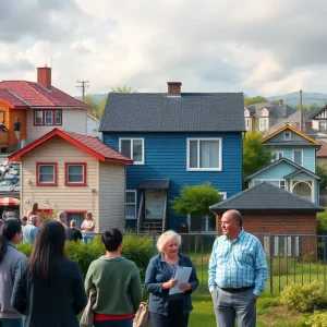 An illustration depicting the housing crisis in Rhode Island with homes and community discussions.