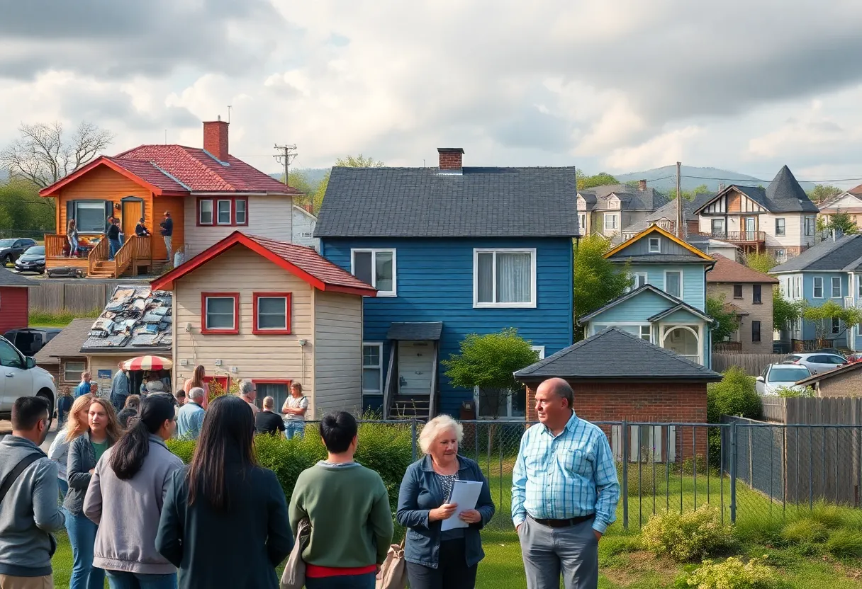 An illustration depicting the housing crisis in Rhode Island with homes and community discussions.