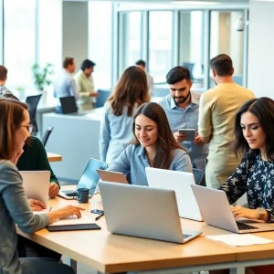 Office workers engaging in hybrid work activities