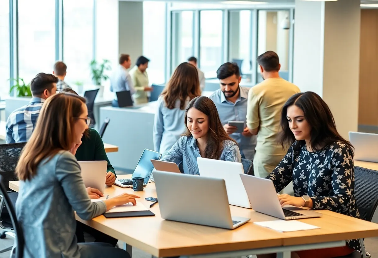 Office workers engaging in hybrid work activities