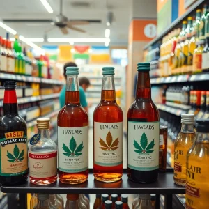 A liquor store shelf filled with hemp-derived THC beverages