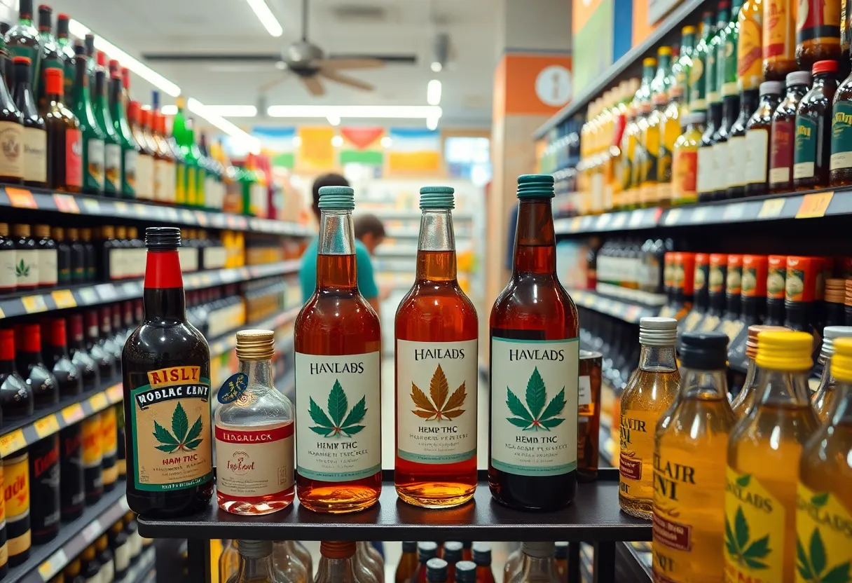 A liquor store shelf filled with hemp-derived THC beverages