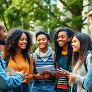 Diverse college students engaging in discussion on campus