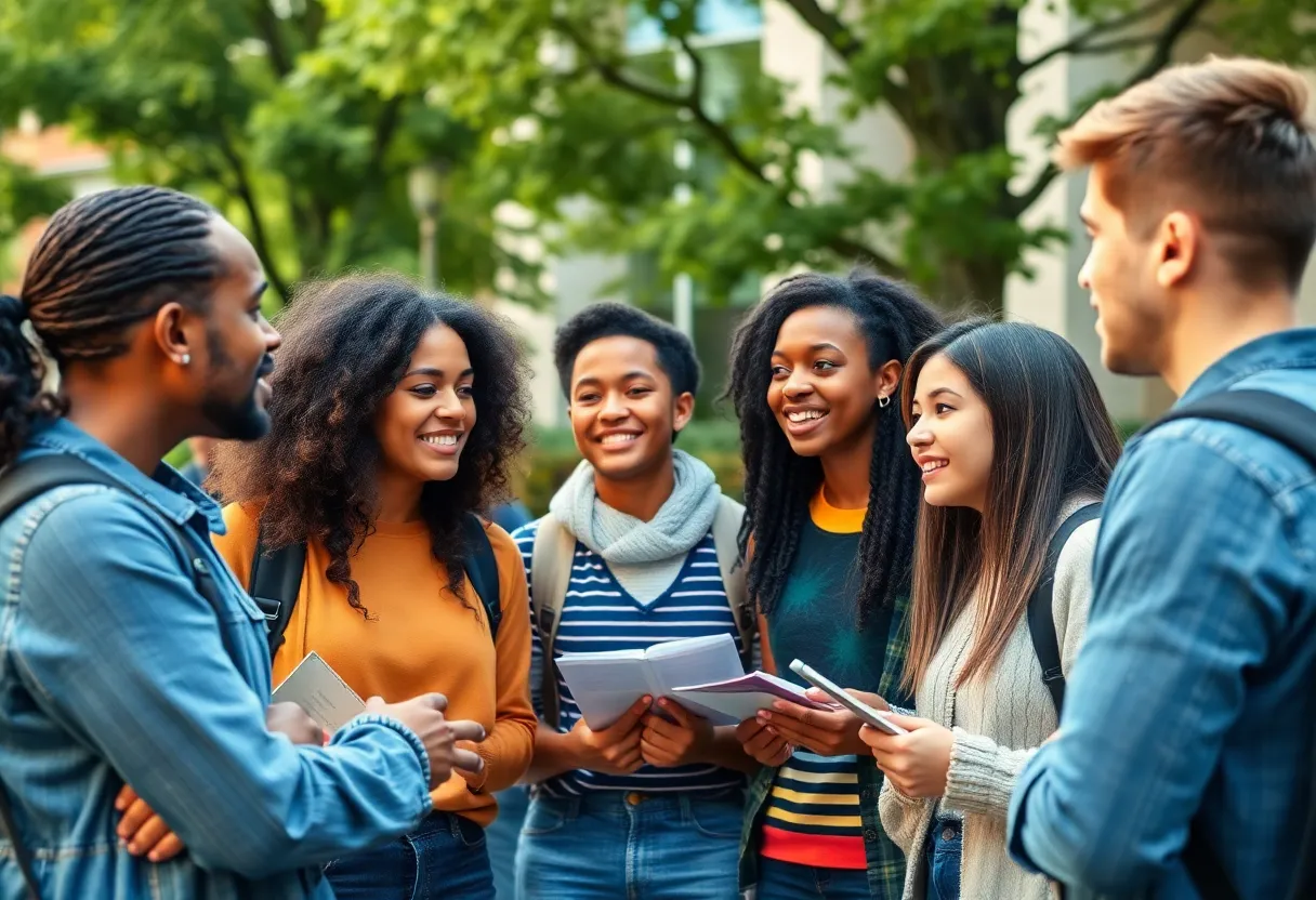 Diverse college students engaging in discussion on campus