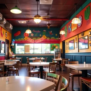Colorful interior of a Tex-Mex restaurant with tables and chairs.