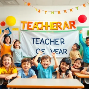 A vibrant classroom scene celebrating Teacher of the Year with students and decorations.
