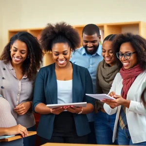 Diverse teachers collaborating in a classroom