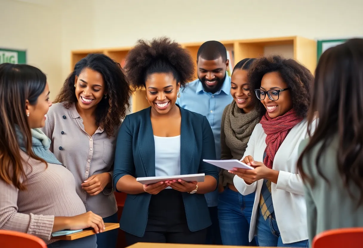 Diverse teachers collaborating in a classroom