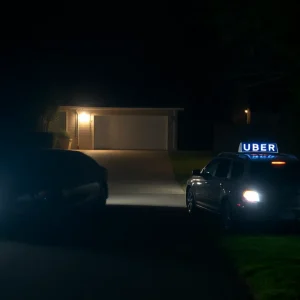 Scene depicting an Uber vehicle in a dark driveway at night.