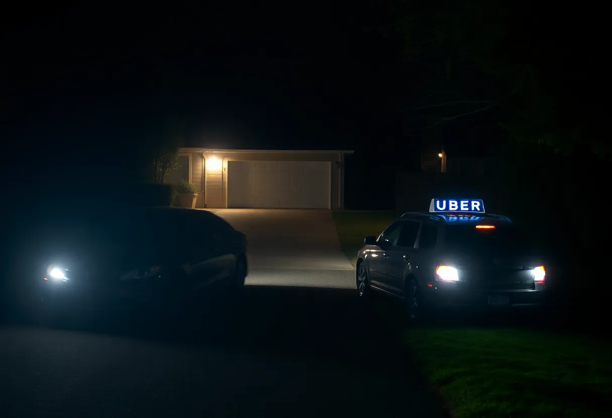 Scene depicting an Uber vehicle in a dark driveway at night.