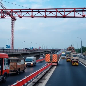 Construction scene of the Washington Bridge undergoing reconstruction.